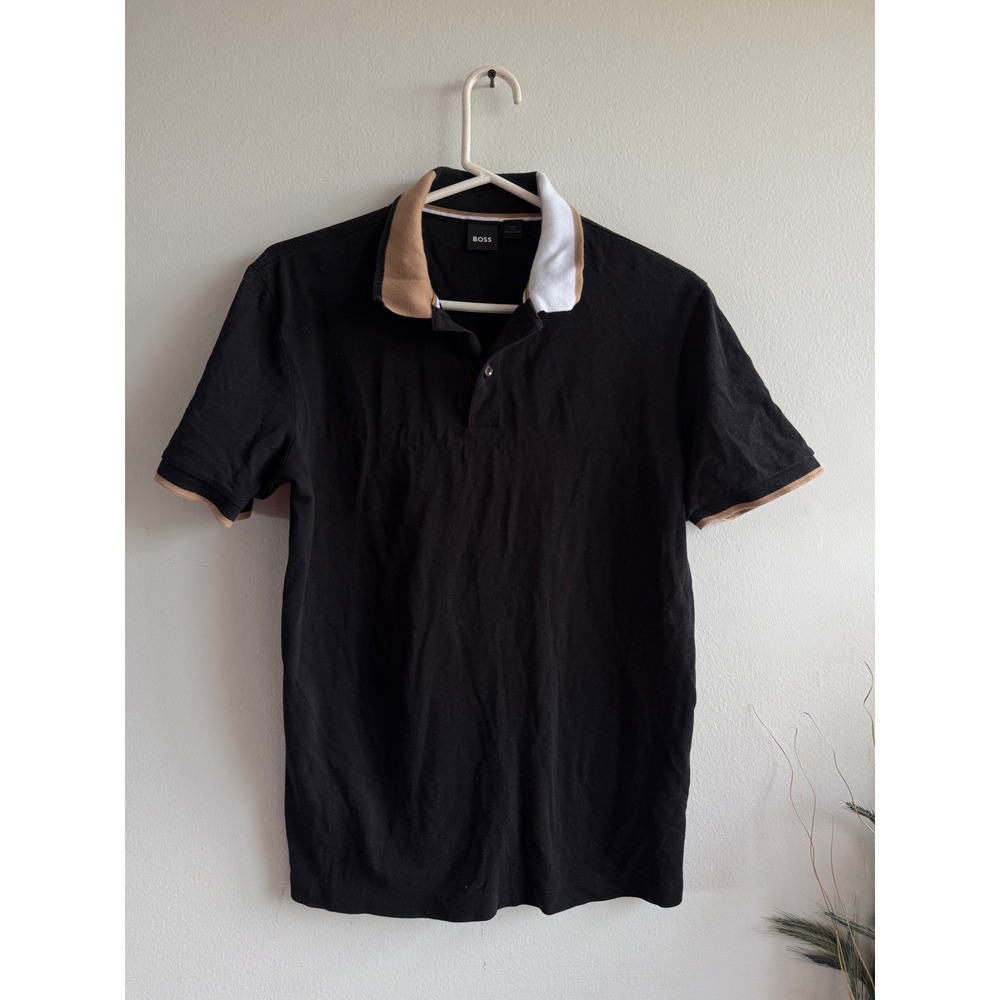 HUGO BOSS Mens Black‎ Short Sleeve Polo Shirt Tan White Tipped Collar Size M 386